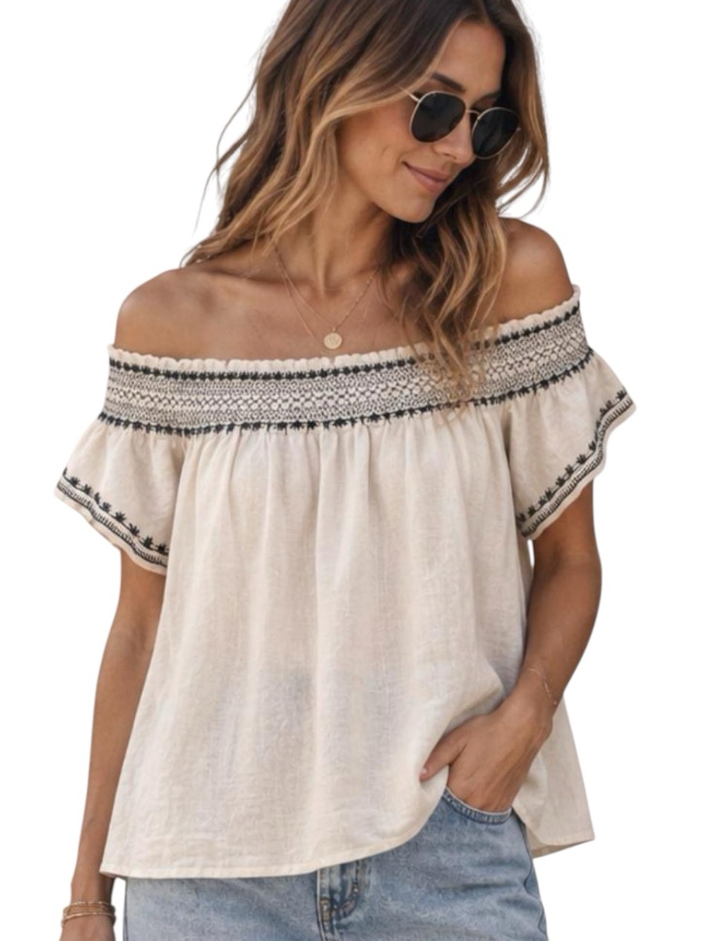 ❤️Ann Taylor Women’s Cream & Black Linen Embroidered Boho Flowy Top Blouse | M